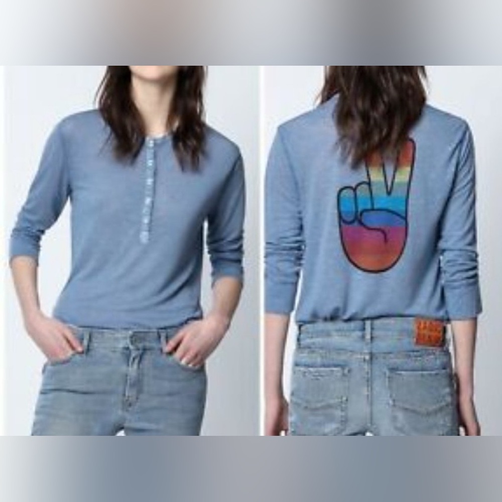 Zadig & Voltaire blue peace sign top with skull buttons